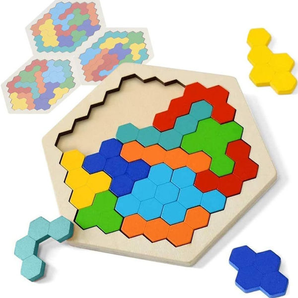 Tangram-pussel, tangram i trä för barn, hexagonala pussel, geometriska KLB