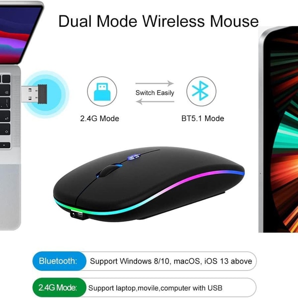 LED trådløs mus, oppladbar 2.4G lydløs mus, Bluetooth