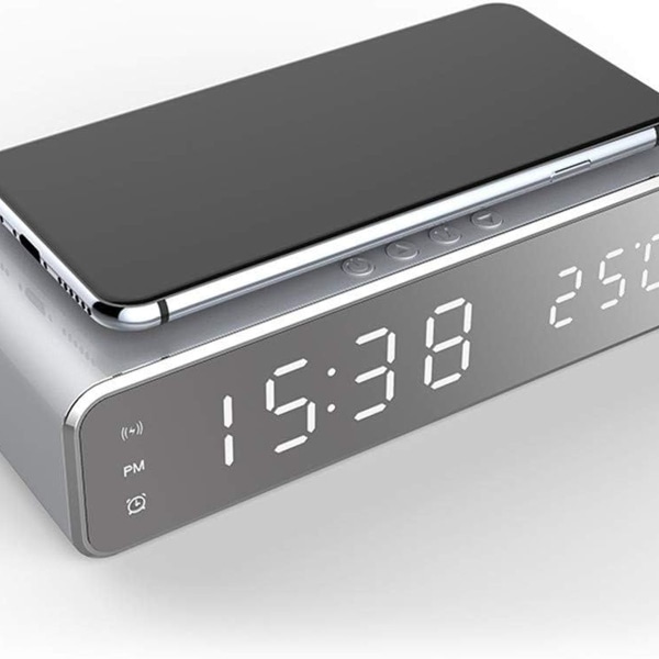 Youlala 2 i 1 LED-vekkerklokke med Qi-lader og termometer for iPhone XS Max,