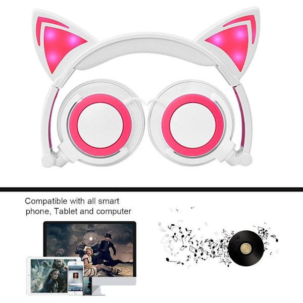 Kattørehodetelefoner med LED-lys som blinker, sammenleggbare hvite og rosa