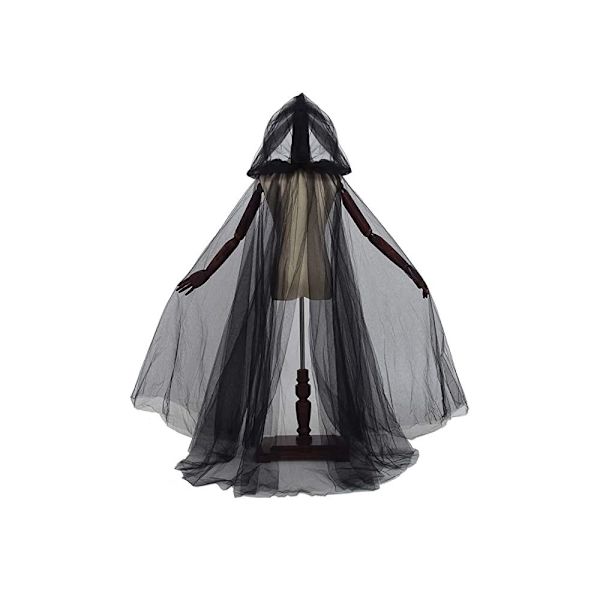 Brudekjole med hætte af tyl til kvinder, elverkjole med langt slæb, halloween-kappe, hekse-cosplay, maskefestkostume (sort)