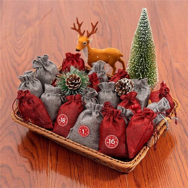 Julekalender til fyldning af stofposer, 1-24 adventsnummer klistermærker KLB