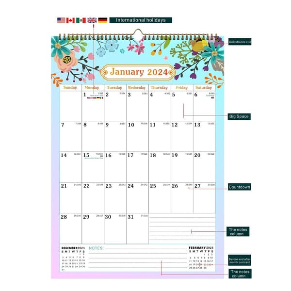 Väggkalender A5 12\" x 16,9\", jan 2024. jun 2025, vertikal