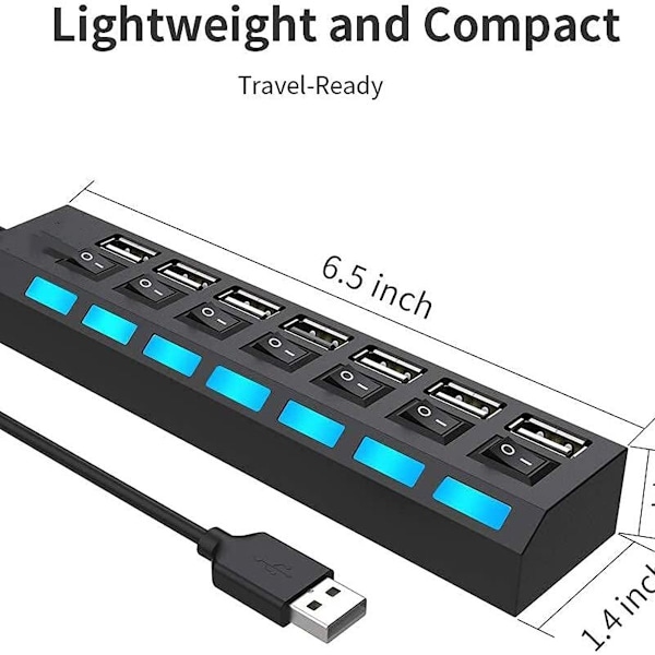 7-porttinen USB 2.0 -keskitin, jossa yksittäiset kytkimet ja LED-valot, USB