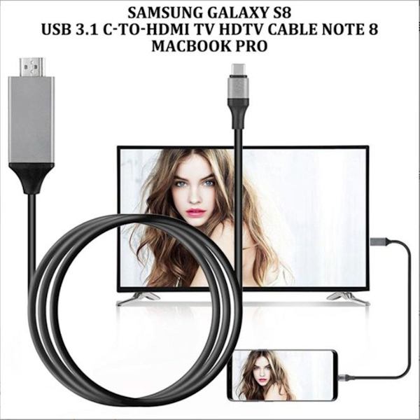 S8 S9 Mobiltelefon Adapterkabel Type C til HDMI USB3.1 Android Svart