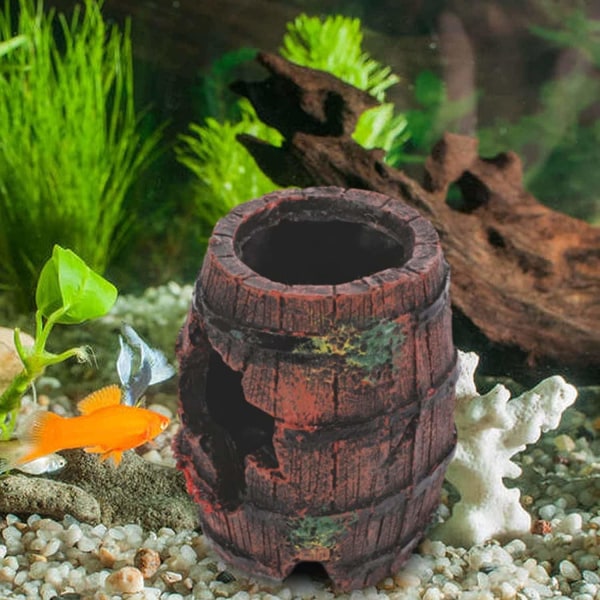 Akvaarion koristelu hartsista akvaariokoriste, akvaariokoristeet keinotekoinen luola rikkoutunut tynnyri luola maisemointi koriste katkarapu kala piilossa