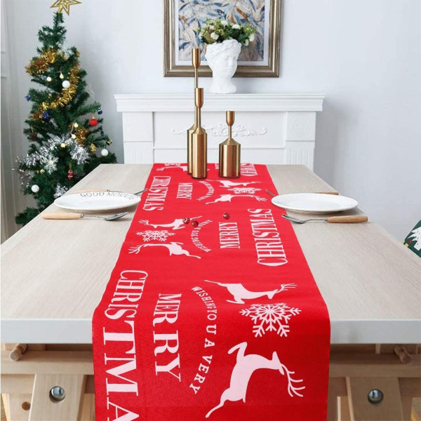 Bomuld linned dug trykt juleflag julebordløber rektangulær bordløber rød elg dug dekorationer