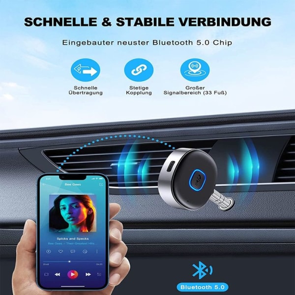 AUX Bluetooth adapter bil, trådlös bil Bluetooth 5.0 mottagare för