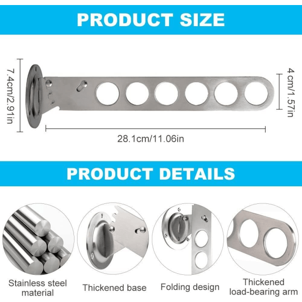 Sammenleggbar veggkleshenger, 6-hulls rustfritt stål vegg tørkestativ sammenleggbar tørkestativ krok henger for balkong, bad, soverom,