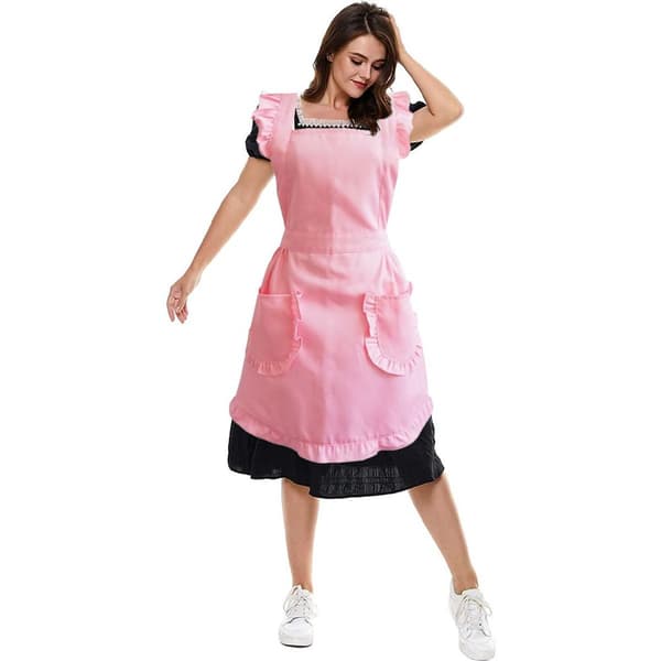 Justerbar Retro Ruffle Forklæde med Lommer Størrelse S til Plus Størrelse Pink