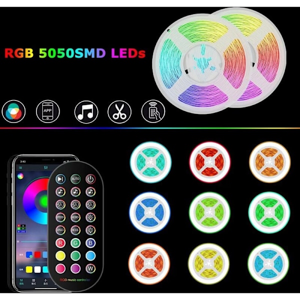 10M LED-remsa, 5050 RGB LED-remsa, flerfärgad flexibel LED-ljusremsa med 24-tangenters fjärrkontroll, används för sovrumsinredning (1x10M) KLB