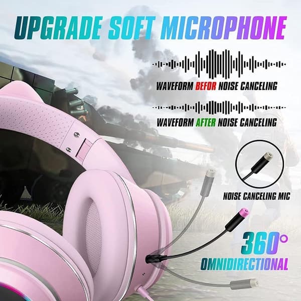 Kablet Gaming Headset 3.5mm Ørevarmere LED Lys Sød Kat Pink