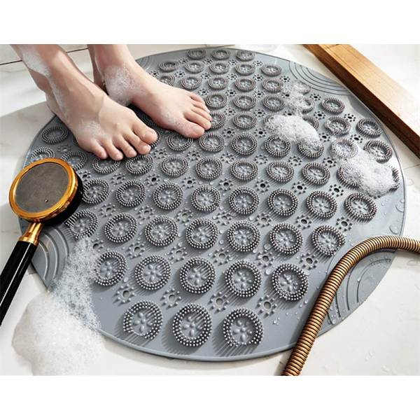 PVC Rund Massage Badmatta Halkskyddad Duschmatta Badrumsmatta Maskintvättbar Duschmatta Badkarsmatta med Avloppshål och Sugkoppar, 55x55cm, Grå