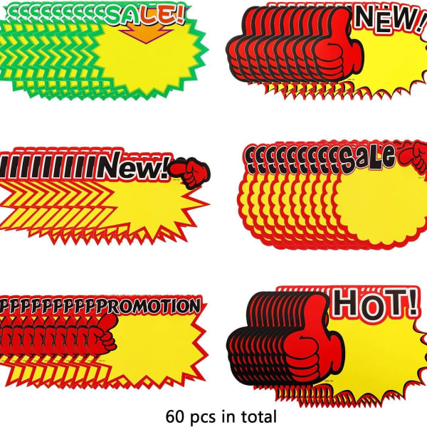 Pakke med 6 Starburst-skiltkort, Salgspapirskilt Pris Burst-skilt assortert KLB