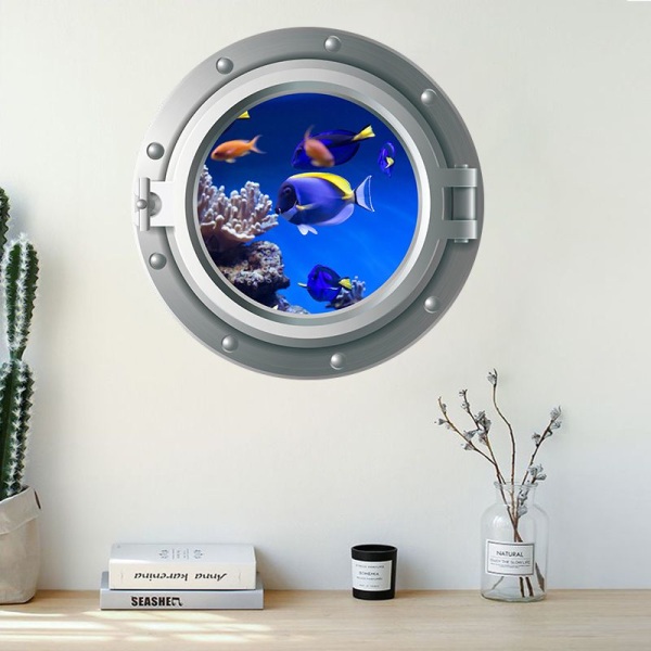 Neliosainen set 3D Sea Life Fish seinätarrat kylpyhuoneeseen, vedenalainen hai seinätaide lastenhuoneeseen, Dolphin Ocean Wall sisustus