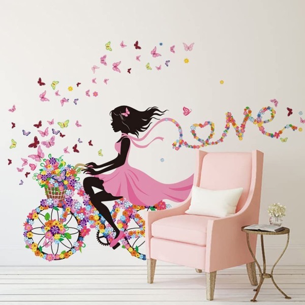 Romanttinen vaaleanpunainen kukka perhonen keiju tyttö ajaa kukkapyörällä irrotettavat seinätarrat, lasten baby makuuhuoneen lastenhuone -
