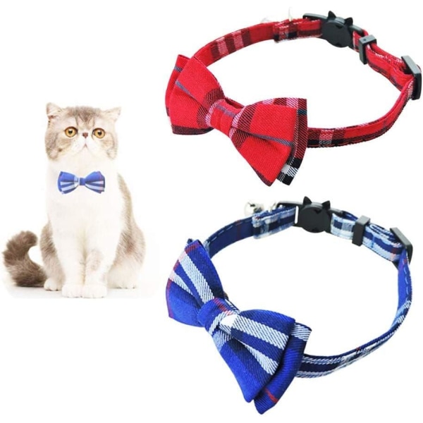2 Anti-choke kattehalsbånd for kattunge med bjeller og sløyfe Justerbare og fleksible kjæledyrhalsbånd for å holde seg trygge rødt og blått