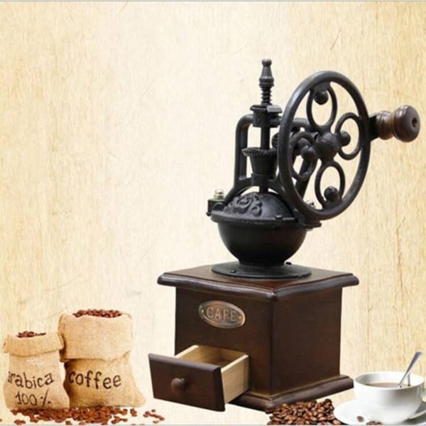 Manuell kaffekvern, antikk støpejern kaffetrakter