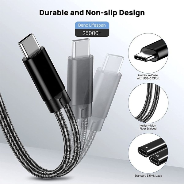 USB-C-splitter, dubbla USB-C-hörlurar och laddningsadapter med TA2H-R2L60 svart
