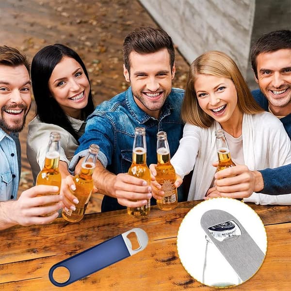 Robust flad flaskeåbner i rustfrit stål, blå ølflaske