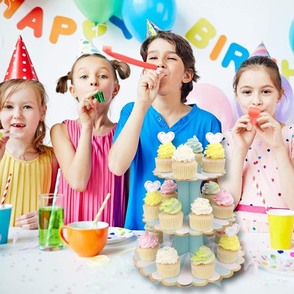 (Blå 32cm*30cm) Cupcake-ställ 3 våningar Kartong Cupcake-hållare för Baby Shower Barnkalas Temafest