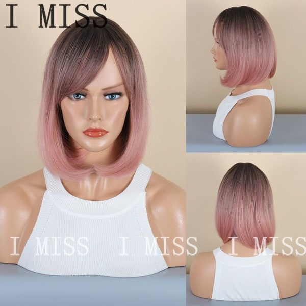 Kort parykk med sideskill i rosa gradient for kvinner