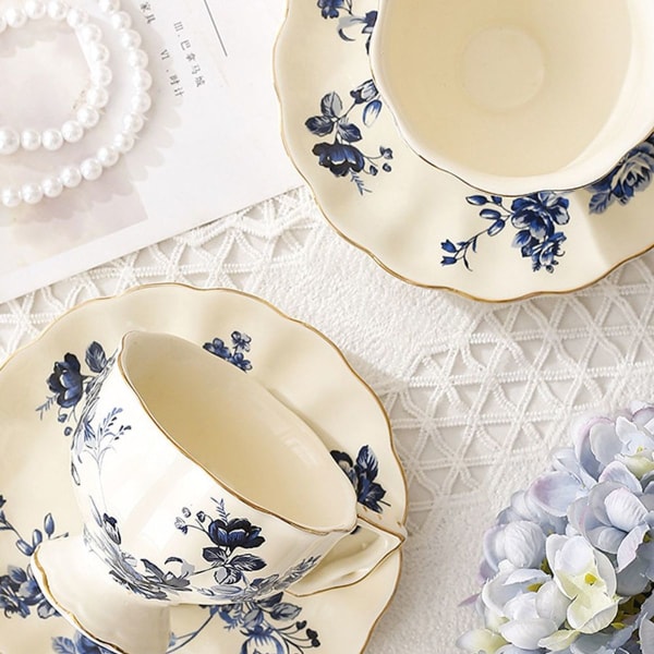 Blå Tekopp og Underkopp Sett 1, Blomster Kaffe Kopp med Underkopp