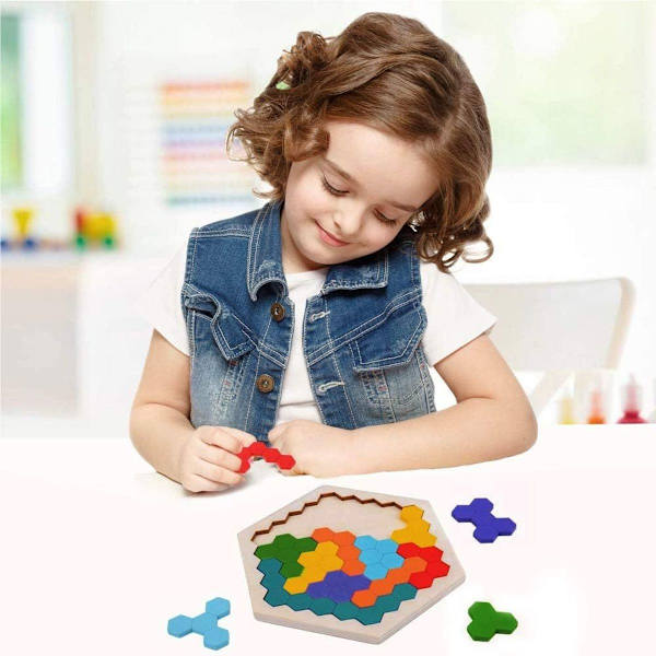 Tangram-pussel, tangram i trä för barn, hexagonala pussel, geometriska KLB