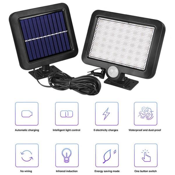 Solcellelamper utendørs 56 LED, bevegelsessensor, IP65 vanntett, kabel KLB