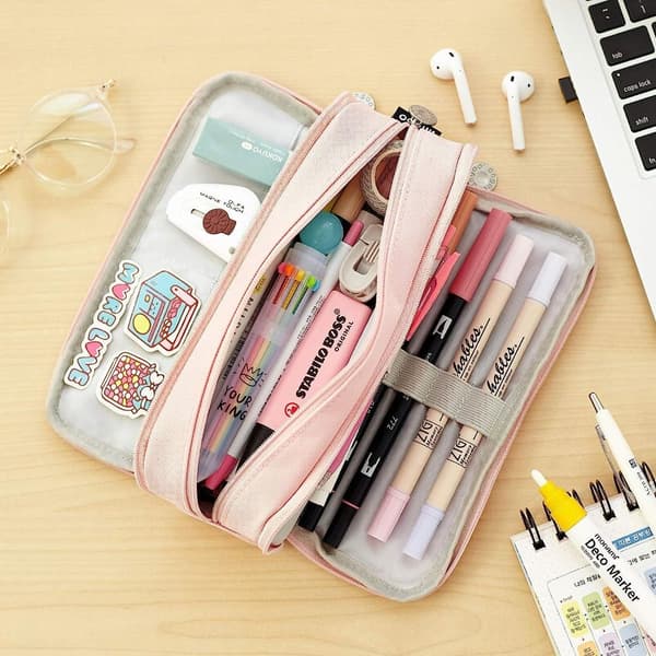 Blyantboks Stor Kapasitet 3 Rom Canvas (Rosa)