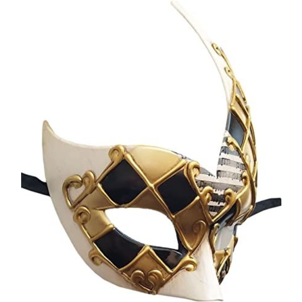 Maskerademaske for menn (gull/svart), vintage venetiansk rutete Mardi Gras musikalsk festmaske