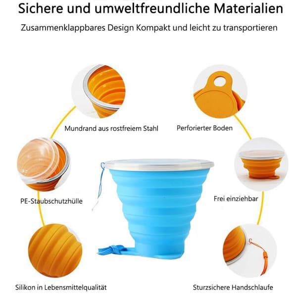 Hopfällbar mugg, hopfällbar silikonmugg med plastlock