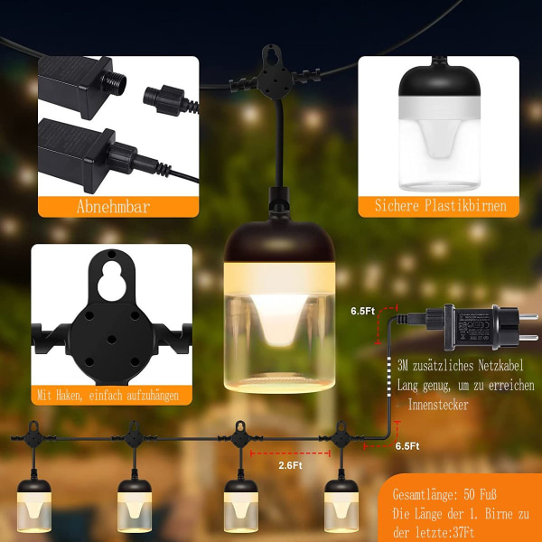 SUWITU LED-ljusslinga utomhus 15 m glödlampor ljusslinga utomhus ström med 8 KLB