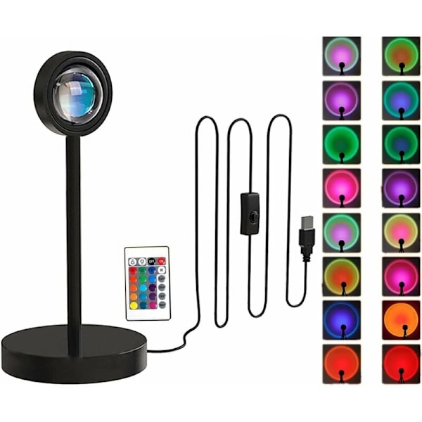 Auringonlaskun lamppu LED-auringonlaskun lamppu, 1 kpl 16 väriä heijastava lamppu kaukosäätimellä, USB 360° pyörivä yöpöytälamppu, sopii KLB