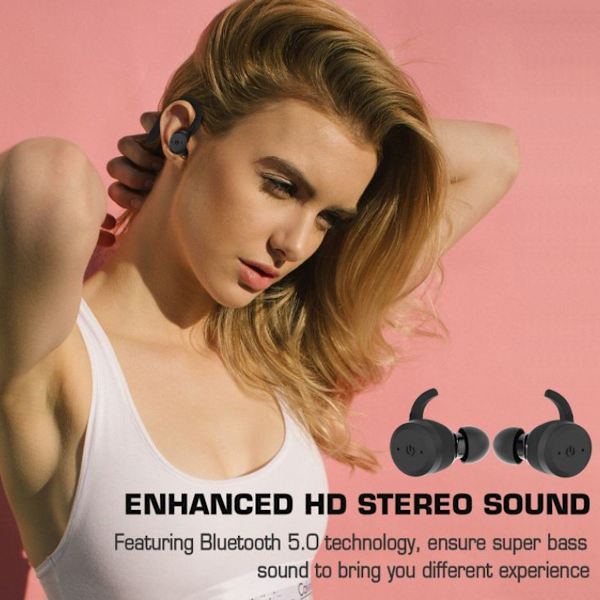 Sport In-Ear TWS-hodetelefoner True Wireless Bluetooth 5.0 Svart