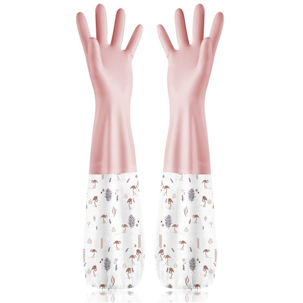 To par gummihandsker til rengøring af damrender - Lang arm - One size - Blåt mønster - Pink mønster