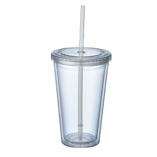 Dobbeltvegget kopp med sugerør, plastkopp, hvit