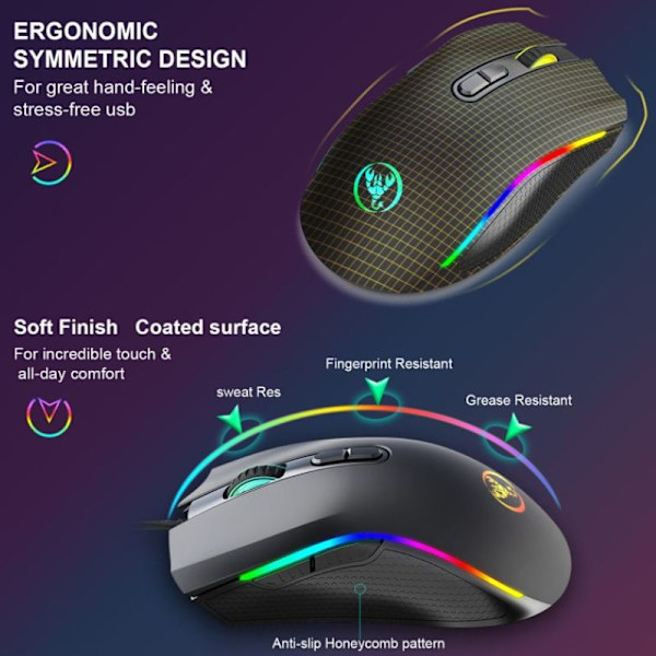 RGB-bakbelyst spelmus, trådbunden, ergonomisk
