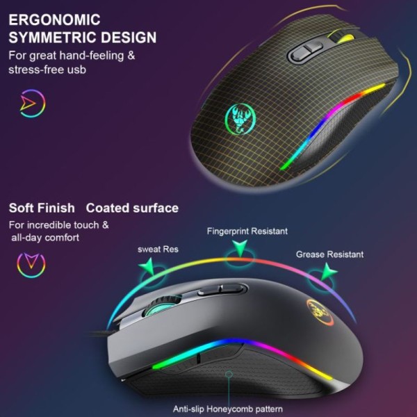 RGB-bakgrunnsbelyst spillmus, kablet, ergonomisk