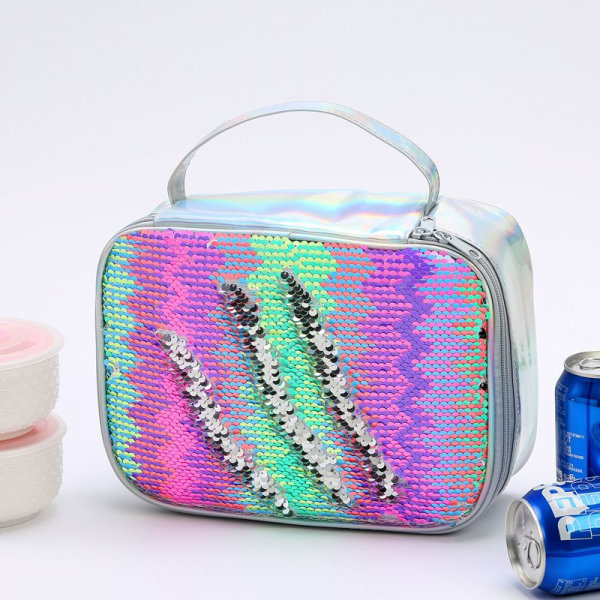 Lunsjpose for jenter, Sequin isolert kjølebag, Fargeskiftende klaff for barn 10,6*8,2*4,3 tommer (hvit)