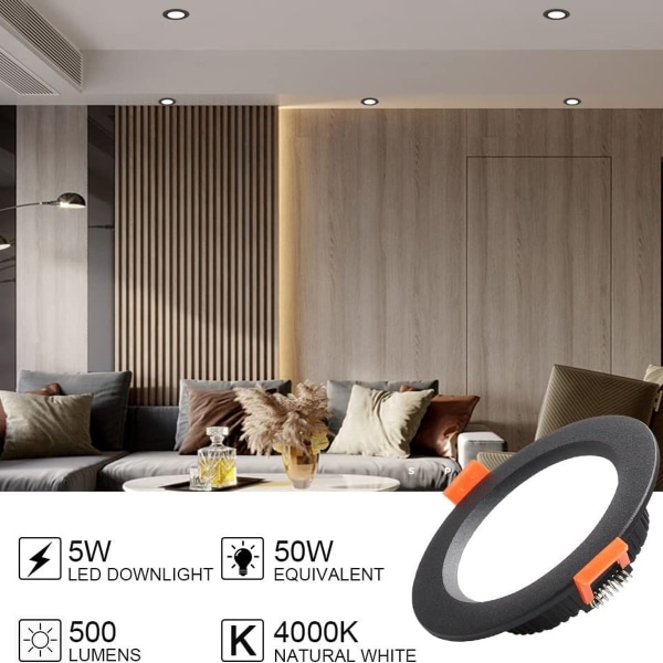 Ultra-flade sorte LED-nedlys, 7 W runde LED-nedlys, IP44