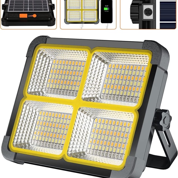 Oppladbar LED-spotlight 336 LED-er/ 100 W/ solcellepanel/ 4 lysmoduser/ 12000