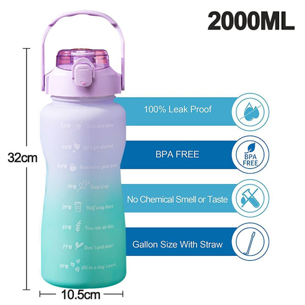 2000ml Gradient Tidsskala Lila Sport Vattenflaska KLB