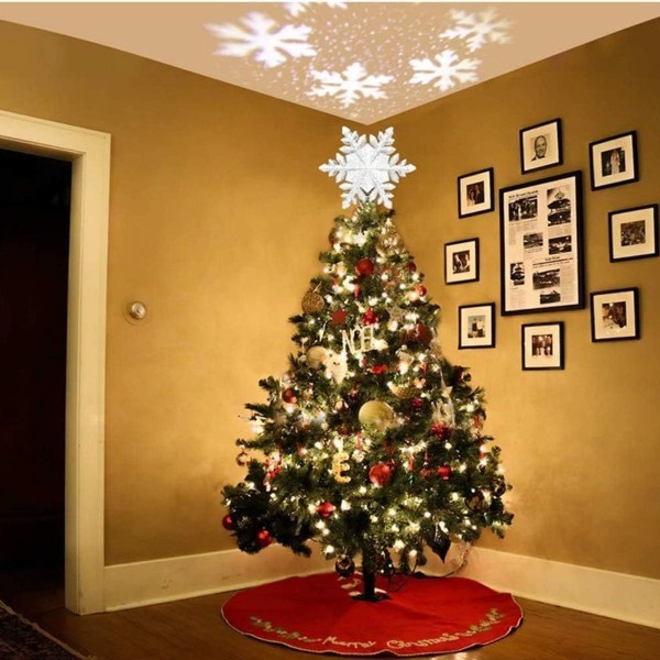 Sølv snefnug LED projektor juletræ topper, funklende juletræ