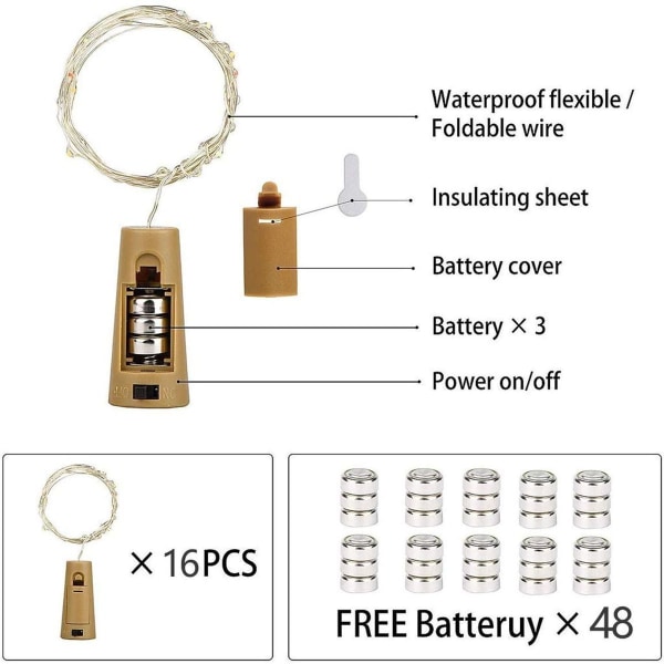 Pack of 16 bottle lights, 20 LEDs, 2M bottle lights, warm white cork fairy lights KLB