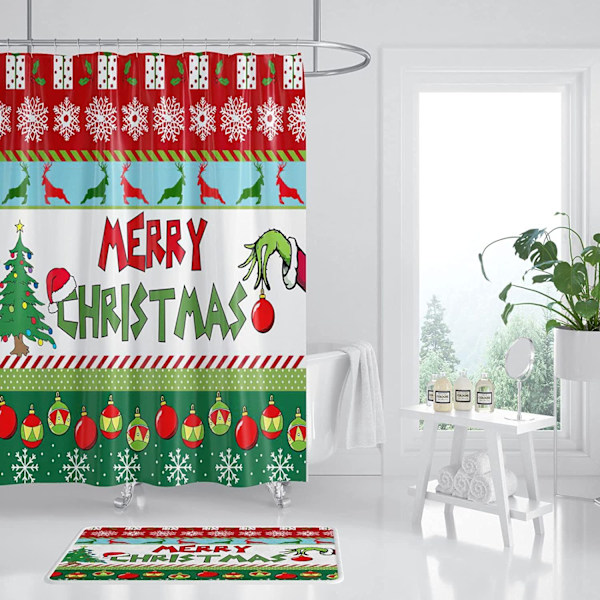 Stole Christmas Duschdraperi Set med 4 72x72 Tum Grinch 3 med halkfri matta, toalettlock och badmatta, vinterjul badrumsdekor