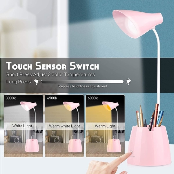 Dimbar LED-skrivbordslampa - 24 LED-lampor för ögonskydd 3 ljusstyrkor - USB-laddningsbar - touch-brytare - läsning, studier - rosa
