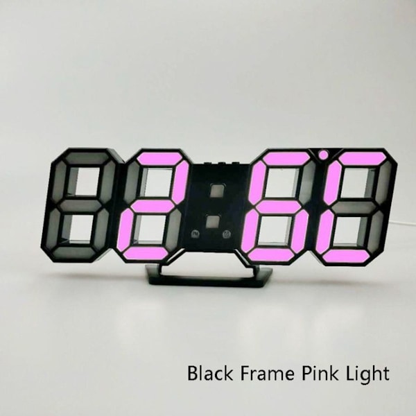 3D Stereo LED-väckarklocka Vardagsrum 3D Väggklocka Svart Ram Rosa Ljus