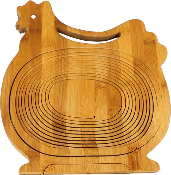 Fällbar korg i bambu, fruktkorg, dekorativ fruktskål, hopfällbar träkorg (kycklingdesign)