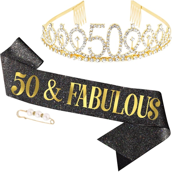 50-års krona för kvinnor, Tiara med strass, \"50 & Fabulous\" födelsedagsset, födelsedagsdekorationer för fru 50 år gammal (guld)